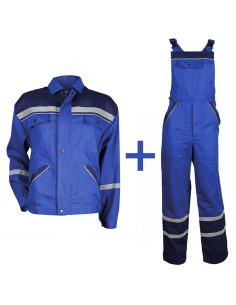 Costum de lucru cu benzi reflectorizante, jachetă + pantaloni cu pieptar, Collins Blue